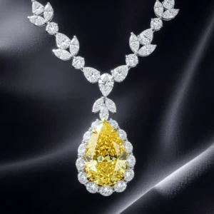 Platinum 35.31ct Pear Shape Fancy Intense Yellow Diamond and Diamond Pendant Necklace