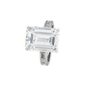 Platinum, 10.01ct Emerald Cut Diamond and Diamond Engagement Ring
