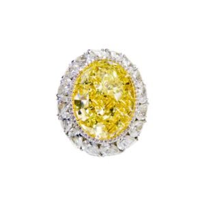 Platinum, Gold, 16.30ct Oval Cut Fancy Intense Yellow Diamond and Diamond Engagement Ring