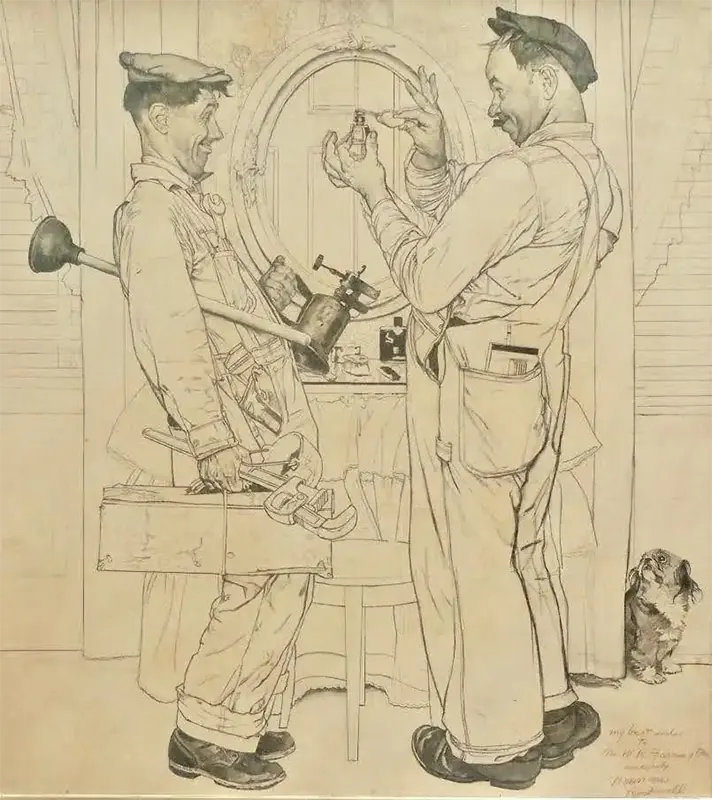 Spectacular Norman Rockwell Plumbers Post Cover Pencil Study 1951 1 Norman Rockwell "Plumbers" Post Cover, Pencil Study 1951