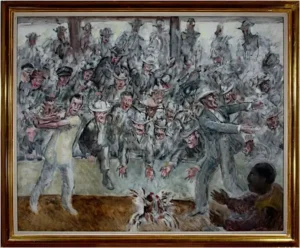 'Cock Fight in Cuba' original Regionalist painting signed by John Steuart Curry 1946