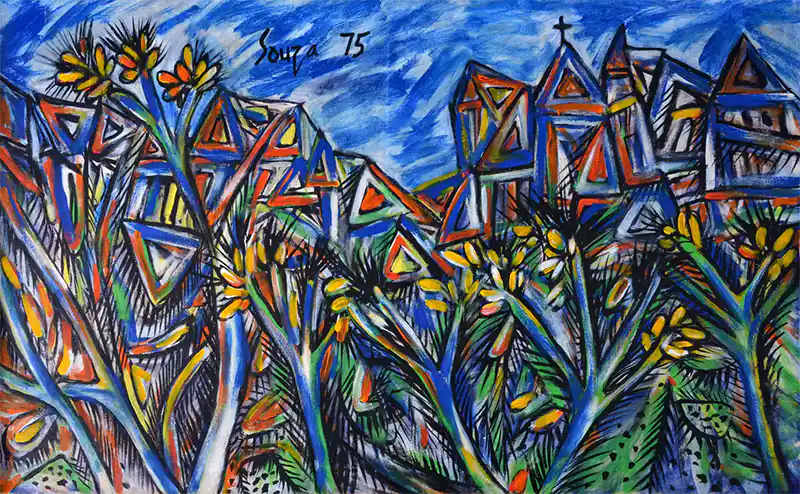 Magnificent F.N. Souza Abstract Painting Town Scene 49 W 1975 1 F.N. Souza Abstract Painting Town Scene 49"W 1975