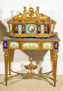 Important Rare French Ormolu Sevres Style Porcelain Jewelry Box on Bronze Table 1880 12 Important Rare French Ormolu Sevres Style Porcelain Jewelry Box on Bronze Table