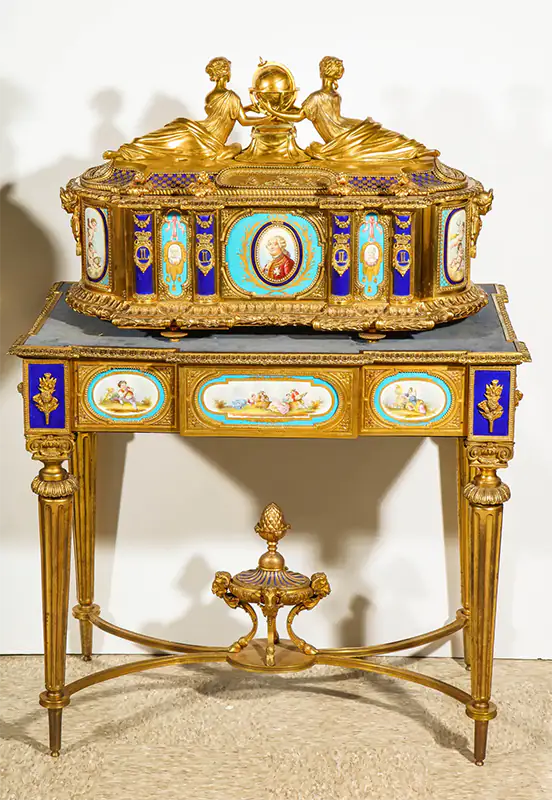 Important Rare French Ormolu Sevres Style Porcelain Jewelry Box on Bronze Table 1880 3 Important Rare French Ormolu Sevres Style Porcelain Jewelry Box on Bronze Table