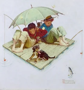 Norman Rockwell Me and My Pal: Fishing Raft Four Seasons Calendar Illustration 1954