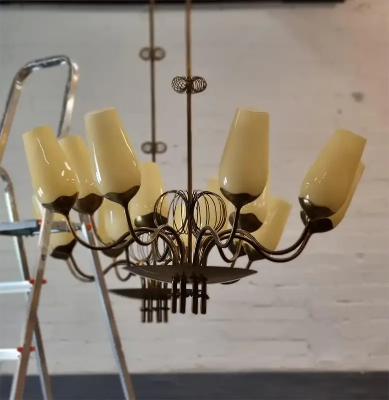 Genuine Paavo Tynell Pair Of Commissioned Chandeliers Brass & Glass Taito Oy 1950s 8 Paavo Tynell Pair Of Commissioned Chandeliers Brass & Glass Taito Oy 1950s