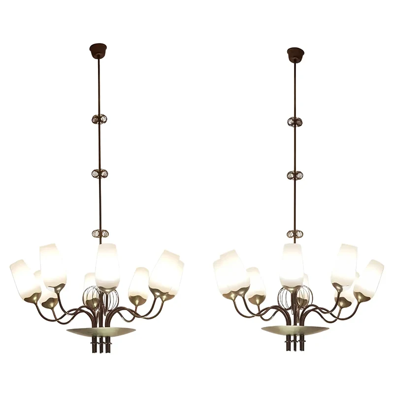 Genuine Paavo Tynell Pair Of Commissioned Chandeliers Brass & Glass Taito Oy 1950s 1 Paavo Tynell Pair Of Commissioned Chandeliers Brass & Glass Taito Oy 1950s