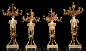 Important Five Pieces Marble and Gilded Bronze Clock Set France 1860