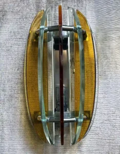 Veca For Fontana Arte Pair Of Italian Wall Sconces In Steel And Crystal