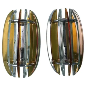 Veca For Fontana Arte Pair Of Italian Wall Sconces In Steel And Crystal