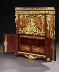 Rare French Marquetry and Gilt Bronze Secretaire with Architecture Scenes 1880