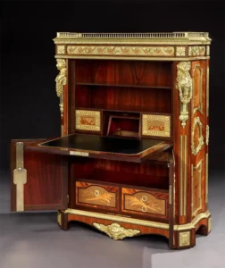 Rare French Marquetry and Gilt Bronze Secretaire with Architecture Scenes 1880