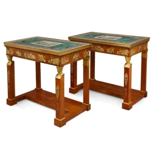 Important and Very Rare Pair of Micromosaic Malachite and Walnut Console Tables 1820