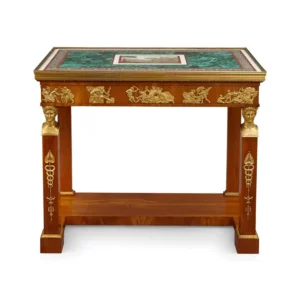 Important and Very Rare Pair of Micromosaic Malachite and Walnut Console Tables 1820