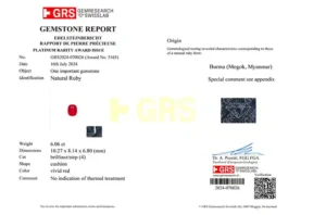 PLATINUM AWARD EYE CLEAN GRS Certified 6 Carat BURMA NO HEAT RUBY Ring