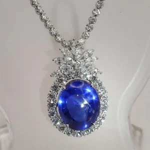 Gublin Certified 26.88ct Unheated Blue Star Sapphire & 7.41ct Diamond Necklace