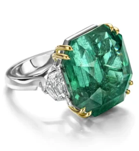 Platinum Ring with GRS Certified 37 Ct Natural No Oil Emerald & 1.21ct Diamonds