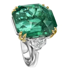 Platinum Ring with GRS Certified 37 Ct Natural No Oil Emerald & 1.21ct Diamonds