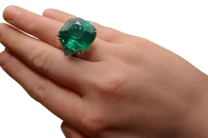 Platinum Ring with GRS Certified 37 Ct Natural No Oil Emerald & 1.21ct Diamonds