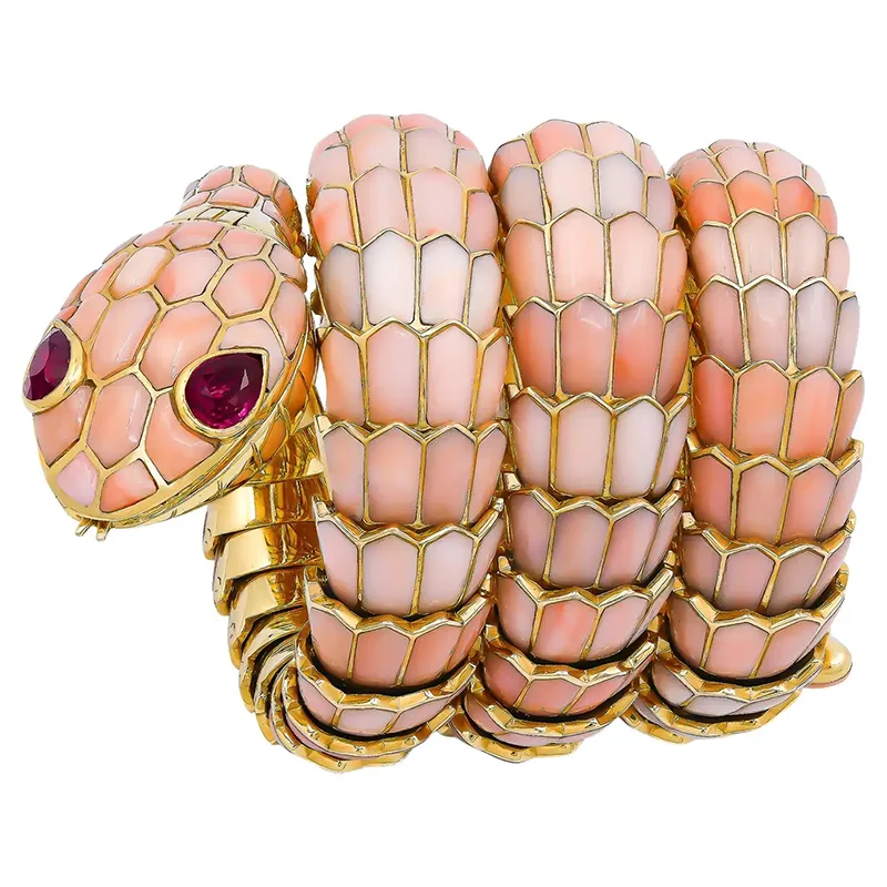 Exquisite Bulgari Serpenti Vintage Pink Coral Bracelet-Watch circa 1970 2 Bulgari Serpenti Vintage Pink Coral Bracelet-Watch, circa 1970