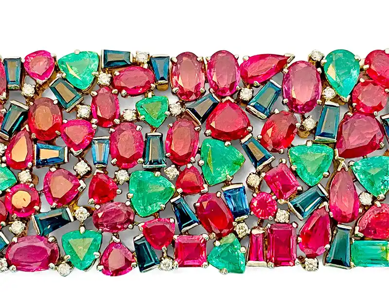 Luxury Mughal Empire Burma Ruby Emerald & Sapphire Bracelet 18K Yellow Gold 4 Mughal Empire Burma Ruby Emerald & Sapphire Bracelet