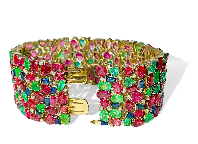 Luxury Mughal Empire Burma Ruby Emerald & Sapphire Bracelet 18K Yellow Gold 6 Mughal Empire Burma Ruby Emerald & Sapphire Bracelet