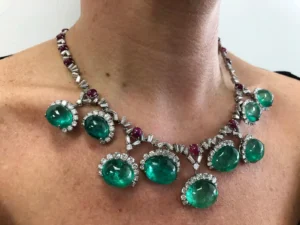 Cartier Diamond Cabochon Ruby Emerald Platinum Necklace Suite 1960