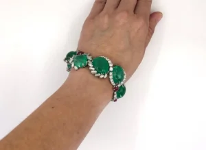 Cartier Diamond Cabochon Ruby Emerald Platinum Necklace Suite 1960