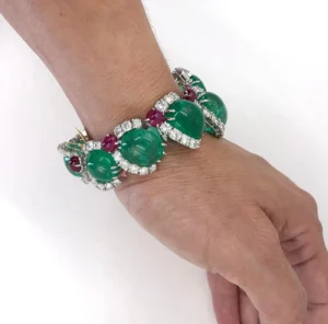 Cartier Diamond Cabochon Ruby Emerald Platinum Necklace Suite 1960