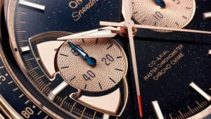 Omega 522.50.45.52.03.001 Speedmaster Chrono Chime Sedna Gold on Bracelet