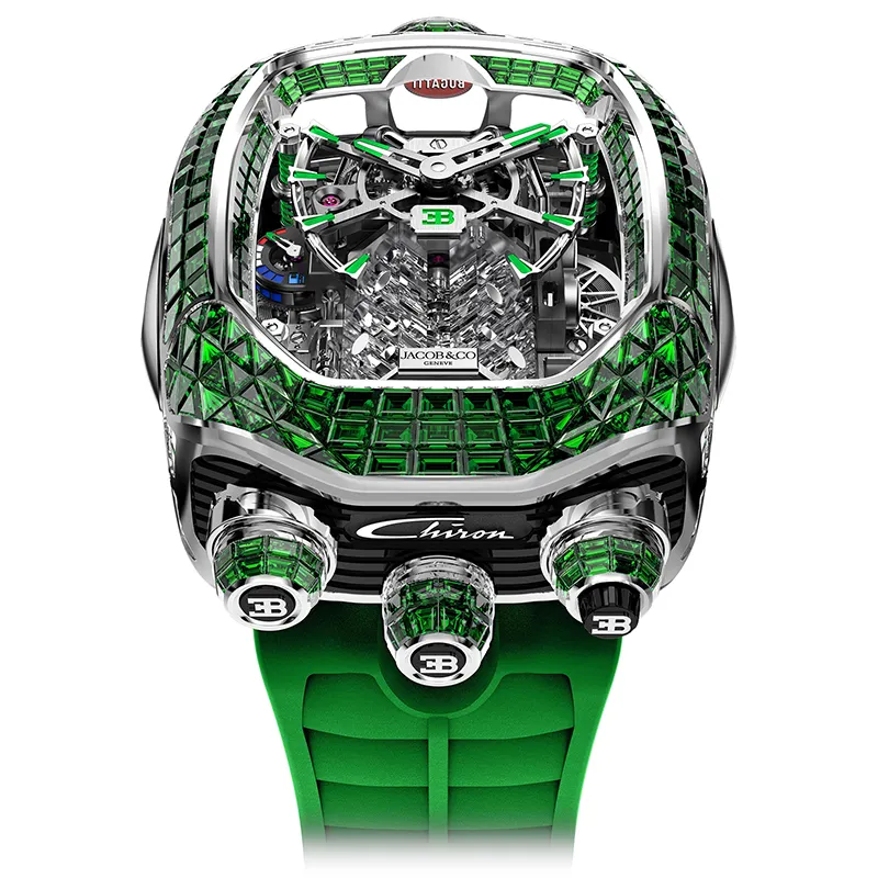 Rare Bugatti Chiron Tourbillon Baguette White Gold Green on Strap Jacob & Co. 18k 1 Bugatti Chiron Tourbillon Baguette White Gold Green on Strap Jacob & Co.
