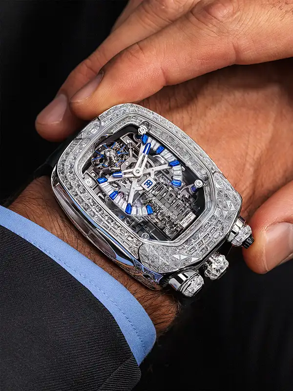 Stunning Bugatti Chiron Tourbillon Baguette White Gold on Strap Jacob & Co. 18k 6 Bugatti Chiron Tourbillon Baguette White Gold on Strap Jacob & Co.