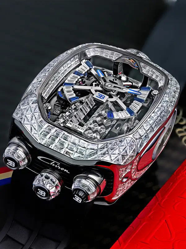 Stunning Bugatti Chiron Tourbillon Baguette White Gold on Strap Jacob & Co. 18k 3 Bugatti Chiron Tourbillon Baguette White Gold on Strap Jacob & Co.