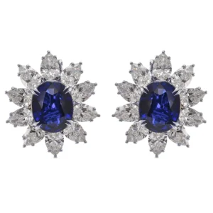 Extraordinary Burma Oval Blue Sapphire and Diamond Halo Earrings GUBELIN
