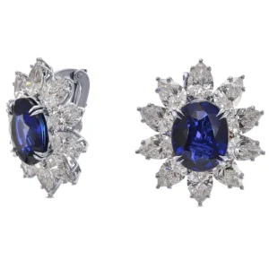 Extraordinary Burma Oval Blue Sapphire and Diamond Halo Earrings GUBELIN