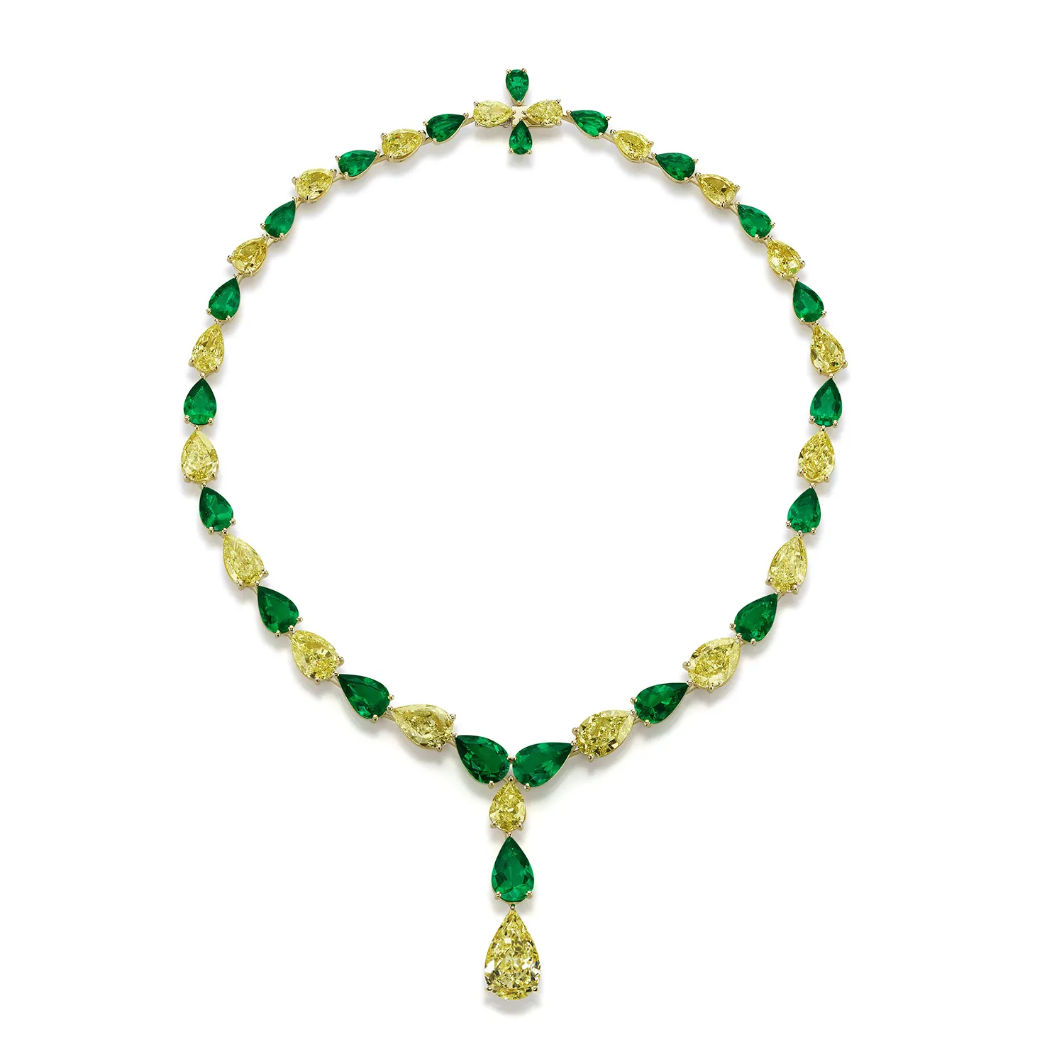 95.29 Carat Vivid Green Emerald and Fancy Yellow Natural Diamond Drop Necklace 2 95.29 Carat Vivid Green Emerald and Fancy Yellow Natural Diamond Drop Necklace