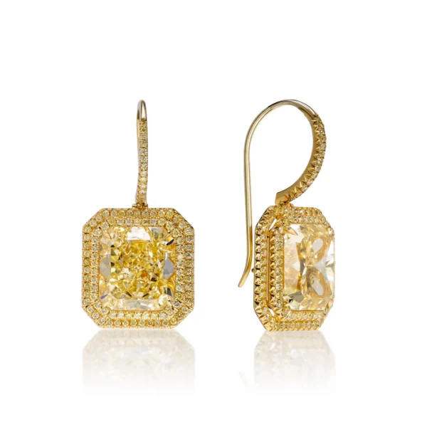 Kairi 21 Carats Fancy Yellow VS1-VVS1 Radiant Cut Diamond Drop Earrings in 18k Yellow Gold. GIA Certified