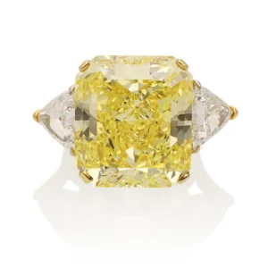 26.19 Carat Radiant Cut Fancy Vivid Yellow Diamond Ring Platinum & Gold