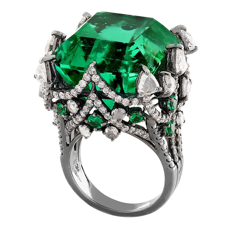 Stunning AGL 37.53 Carat No Oil Emerald and Diamond Ring 1 AGL 37.53 Carat No Oil Emerald and Diamond Ring